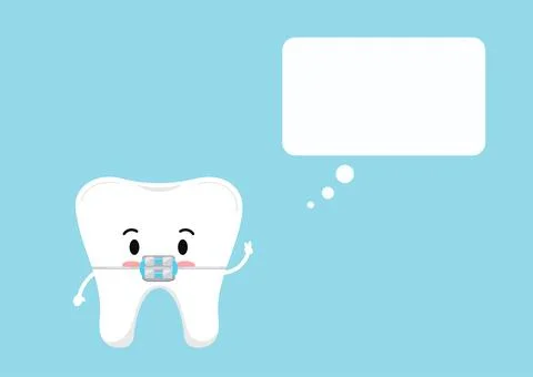 Happy tooth in braces icon with rectangular speech bubble isolated on blue Stock Illustration