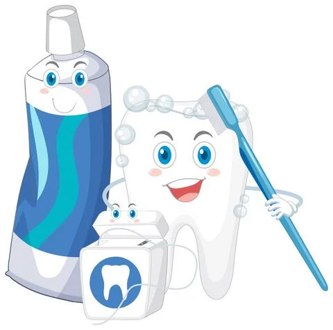 Happy tooth brushing itself with a toothpaste and dental floss Stock Illustration