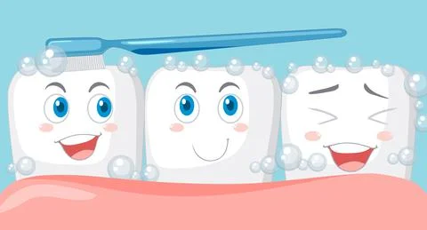 Happy tooth brushing itself with a toothpaste on blue background Stock Illustration