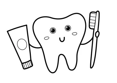 Happy tooth holding a toothpaste and a toothbrush. Healthy tooth character Stock Illustration