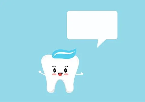 Happy tooth with toothpaste icon with speech bubble isolated on blue background. Stock Illustration
