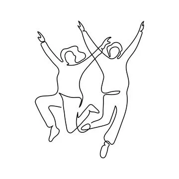Happy of two people jumping, continuous one line drawing. Friendship, team work Stock Illustration