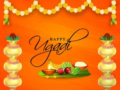 Happy Ugadi Celebration Concept with Three Set of Brass Worship Pot (Kalash.. Stock Illustration
