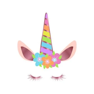 Happy unicorn face with flowers vector. Stock Illustration