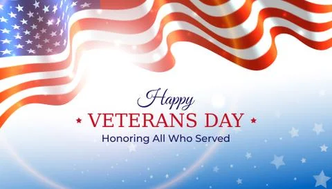 Happy us veterans day november 11 banner. American flag on blue sky background Stock Illustration