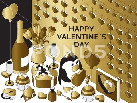 Happy Valentine Day background with cute isometric elements. Greeting card and Stock Illustration