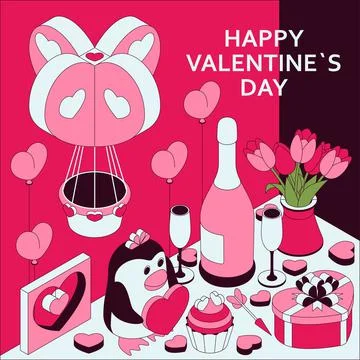 Happy Valentine Day background with cute isometric elements. Greeting card and Stock Illustration