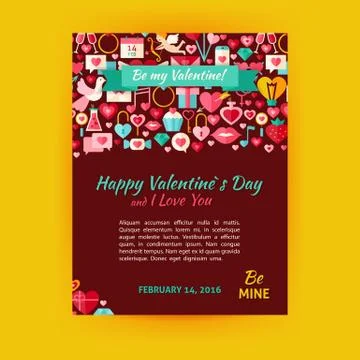 Happy Valentine Day Holiday Vector Template Banner Flyer Modern Flat Style Illustrazione stock