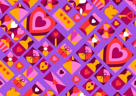 Happy Valentine Day seamless pattern. Holiday background with romantic item.. Stock Illustration