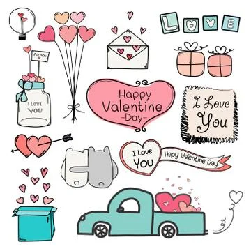 Happy Valentine Day. Set Of Doodle Valentine Day Labels And Typography Elements. Illustrazione stock