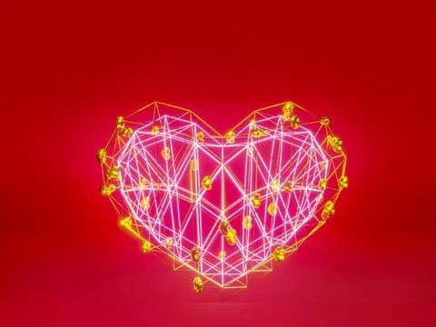 Happy Valentines Day. 3D Particles Neon Hearts. Love Romantic Concept. Card.. Stock Illustration