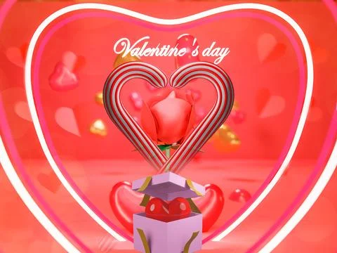 Happy Valentines Day  with 3d rendering of red  heart balloons shapes with .. Stock Illustration
