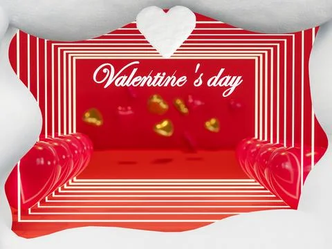 Happy Valentines Day  with 3d rendering of red  and golden heart balloons, .. Stock Illustration