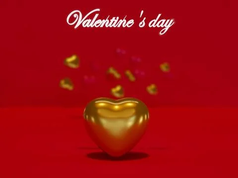 Happy Valentines Day  with 3d rendering of red  and golden heart balloons, .. Stock Illustration