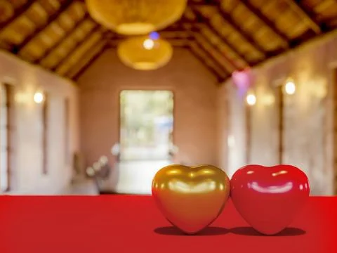 Happy Valentines Day  with 3d rendering of red  and golden heart balloons, .. Stock Illustration