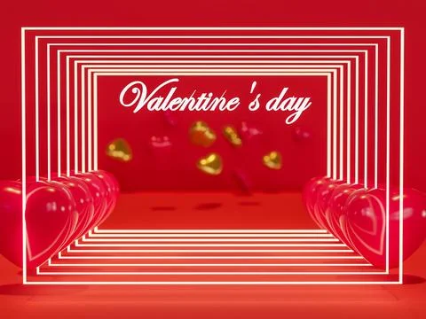 Happy Valentines Day  with 3d rendering of red  and golden heart balloons, .. 스톡 일러스트