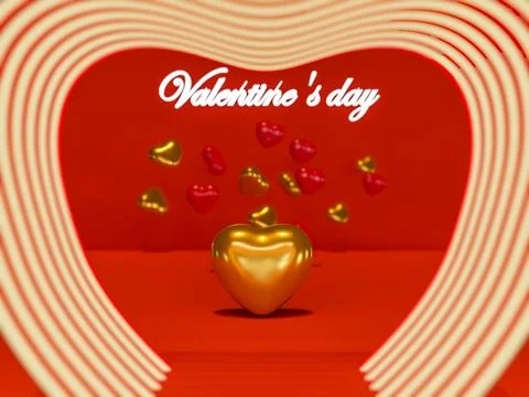 Happy Valentines Day  with 3d rendering of red  and golden heart balloons, .. Stock-Illustration