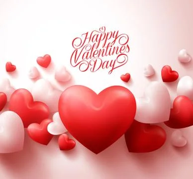 Happy Valentines Day Background with 3D Realistic Red Hearts Stock Illustration