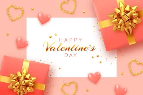 Happy Valentine's Day background with square paper banner. Realistic gift box Stock Illustration