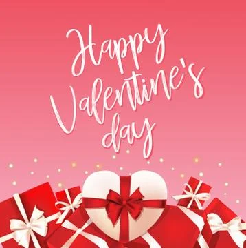 Happy Valentine's day banner with realistic 3D heart shaped boxes, pearls and Stock Illustration