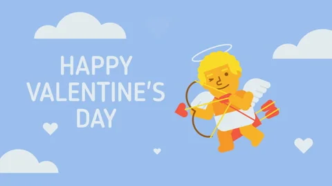 Happy Valentines Day composition cupid flies and shoots from bow and smiles.. Stock Footage 255379717