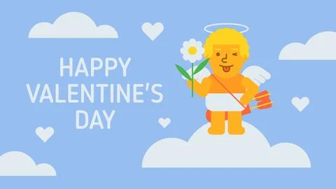 Happy Valentines Day composition cupid holding flower and winking Stock Illustration