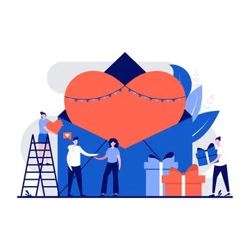 Happy valentine's day concept with tiny character. People stand near big en.. Stock Illustration