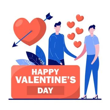 Happy valentine's day concept with tiny character. Couple in love flat vect.. Stock Illustration