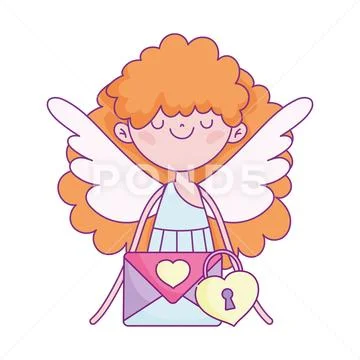 Happy valentines day, cute cupid with envelope message padlock Stock Illustration