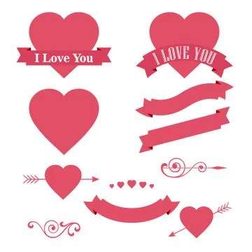 Happy Valentines Day design element. Ornaments, Hearts, Ribbon and Arrow Illustrazione stock