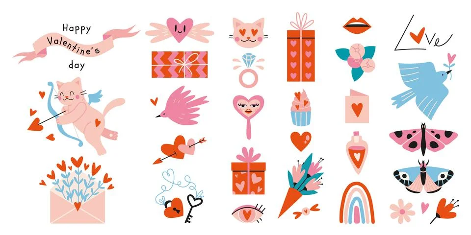 Happy Valentine's Day elements set. Many various romantic objects like hear.. Stock Illustration
