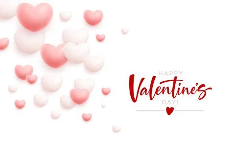 Happy Valentines Day festive background of flying white and pink hearts. Vector Stock Illustration