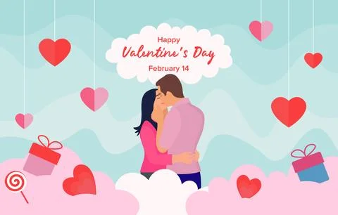 Happy valentines day flat background with embracing and kissing couple on Stock Illustration