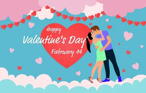 Happy valentines day flat background with embracing and kissing couple on Illustrazione stock