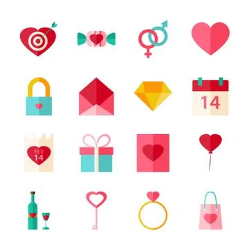 Happy Valentines Day Flat Objects Set isolated over White Stock Illustration