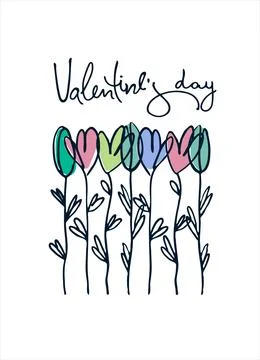 Happy Valentines Day greeting card with hand drawn flowers Stock Illustration