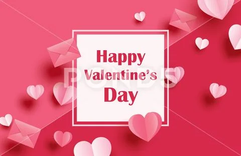 Happy valentines day greeting cards with paper hearts on red pastel  backgroun ~ Clip Art #123039283