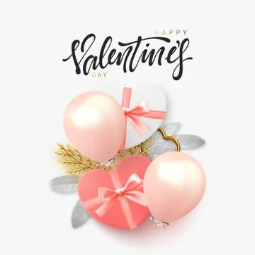 Happy Valentines Day. Holiday background, realistic design objects. gift box  Stock Illustration