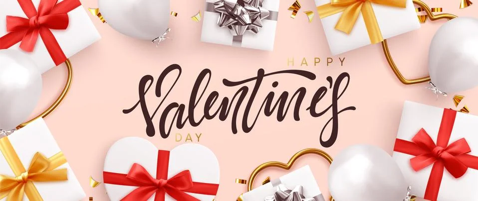Happy Valentines Day. Holiday background, realistic design objects. gift box  Stock Illustration