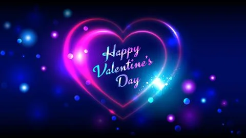 Happy valentines day, multi-colored neon heart shape on dark bokeh background Stock Illustration