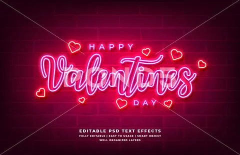 Happy Valentines Day neon light 3d text style effect mockup - PSD Template PSD Template