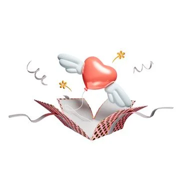 Happy Valentines day with opened gift box, heart shape wing isolated on pink Stock Illustration