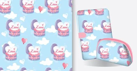 Happy Valentines Day Pattern. Mock up book and pouch with valentine gift. Stock Illustration