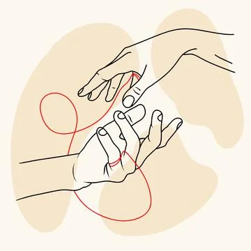 Happy valentine's day. Red thread of fate tied little fingers of two. Hands o Illustrazione stock