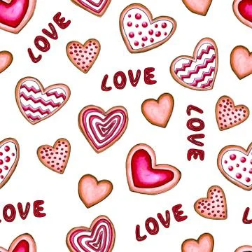 Happy Valentine's Day seamless pattern background. Set hearts of love cookies Stock Illustration