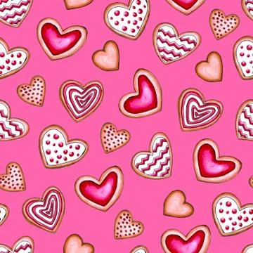 Happy Valentine's Day seamless pattern background. Set hearts of love cookies Illustrazione stock