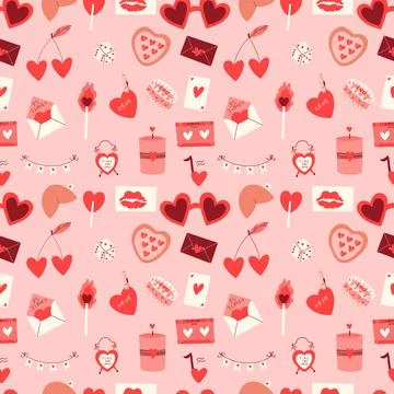 Happy Valentine's Day seamless pattern. Romantic elements and hearts. Stockillustratie