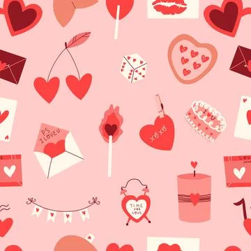 Happy Valentine's Day seamless pattern. Romantic elements and hearts. Illustrazione stock