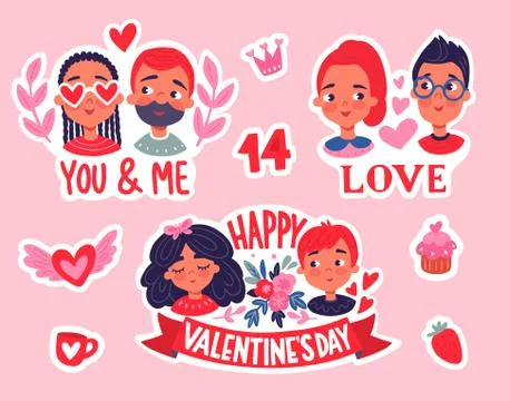 Happy Valentine's Day stickers set. Badges with cute couple Illustrazione stock