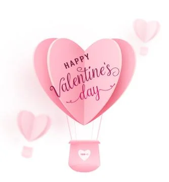 Happy valentines day vector design with paper cut pink heart shape hot air Stock Illustration